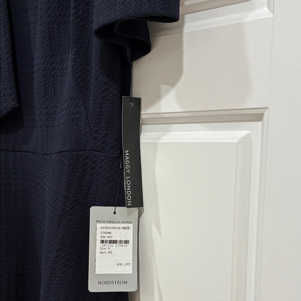Maggy London Short Sleeve Necktie Navy Midi Dress - Picture 4 of 7